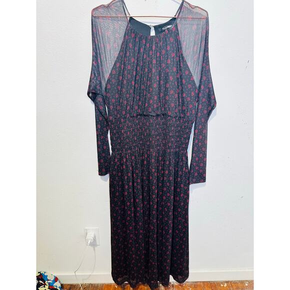 MADEWELL Black Red Smocked Midi Floral Print Sheer Lined Dress size XXL - Picture 4 of 15
